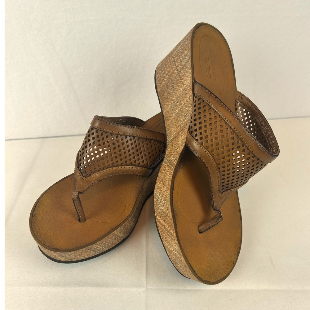 Clarks‎ Collection Brown Perforated Flip Flop Wedge Sandals Womens 8M